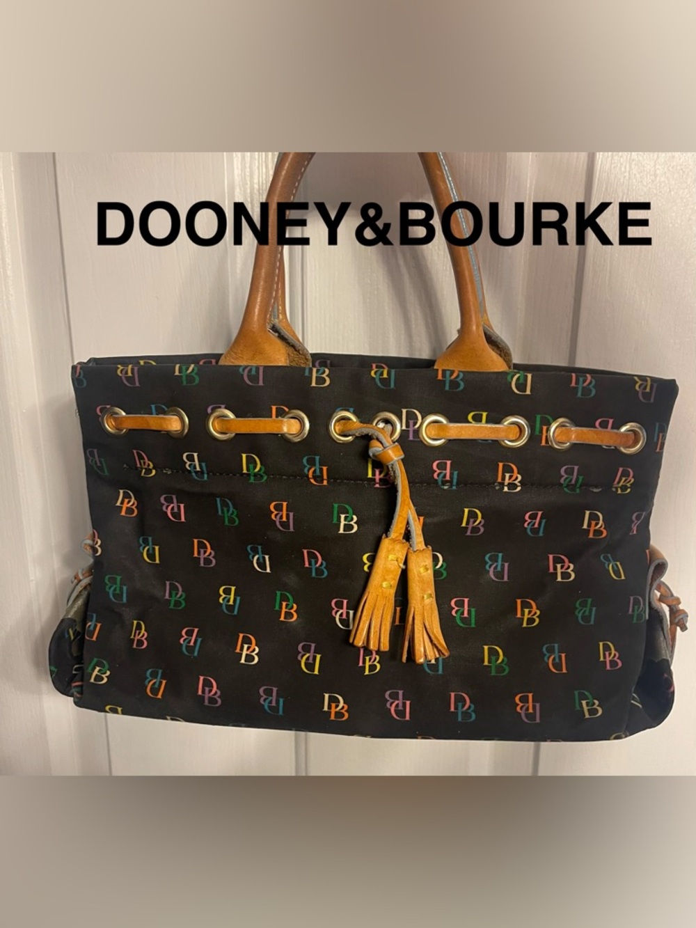 Dooney & Bourke Black Rainbow DB Logo Tote with Leather Trim
